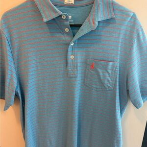 johnnie-O Light Blue and Coral Striped Polo Shirt